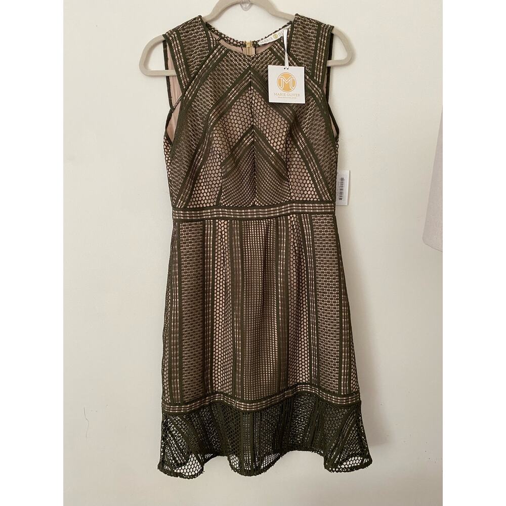 NWT Marie Oliver Olive Hunter Green Lace Dress Overlay S $278 Career Nude